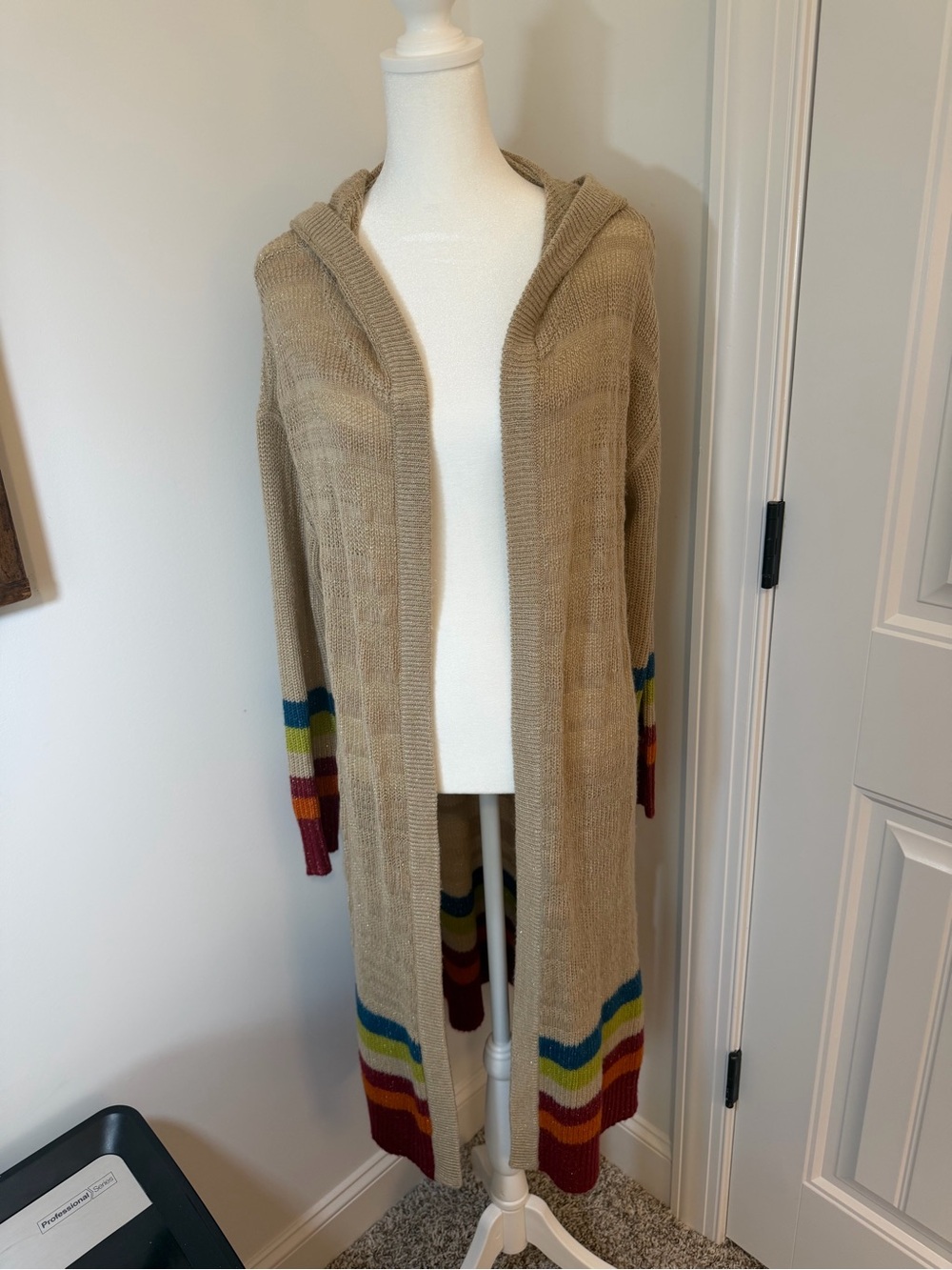 Matilda Jane Tan Hooded Duster Cardigan with Multi-Color Stripe Trim